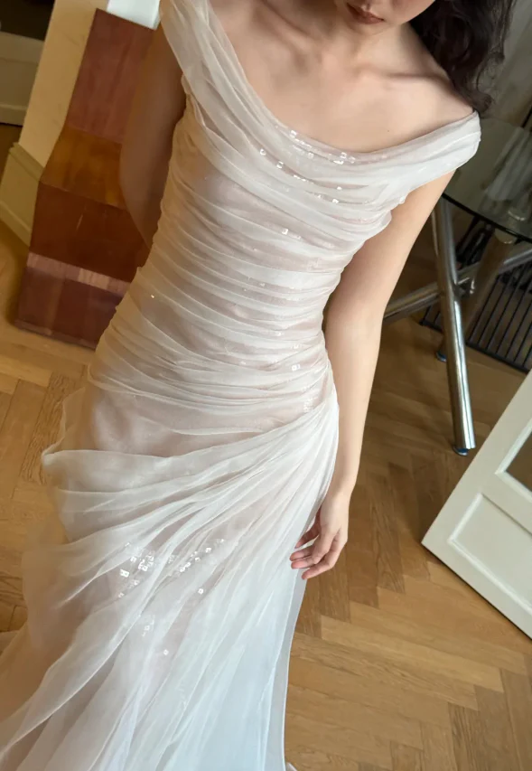 Unique White Off-the-Shoulder Mermaid Layered Ruched Tulle Train Wedding Dress P4752 - Image 3