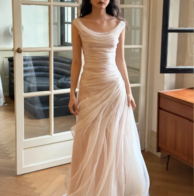 Unique White Off-the-Shoulder Mermaid Layered Ruched Tulle Train Wedding Dress P4752 - Image 4