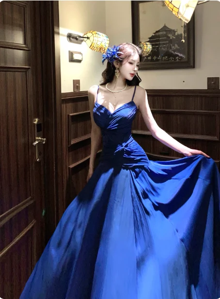 Vibrant Royal Blue A-Line Spaghetti Strap Knot-Embellished Chiffon Long Prom Dress Evening Dress P4378 - Image 2