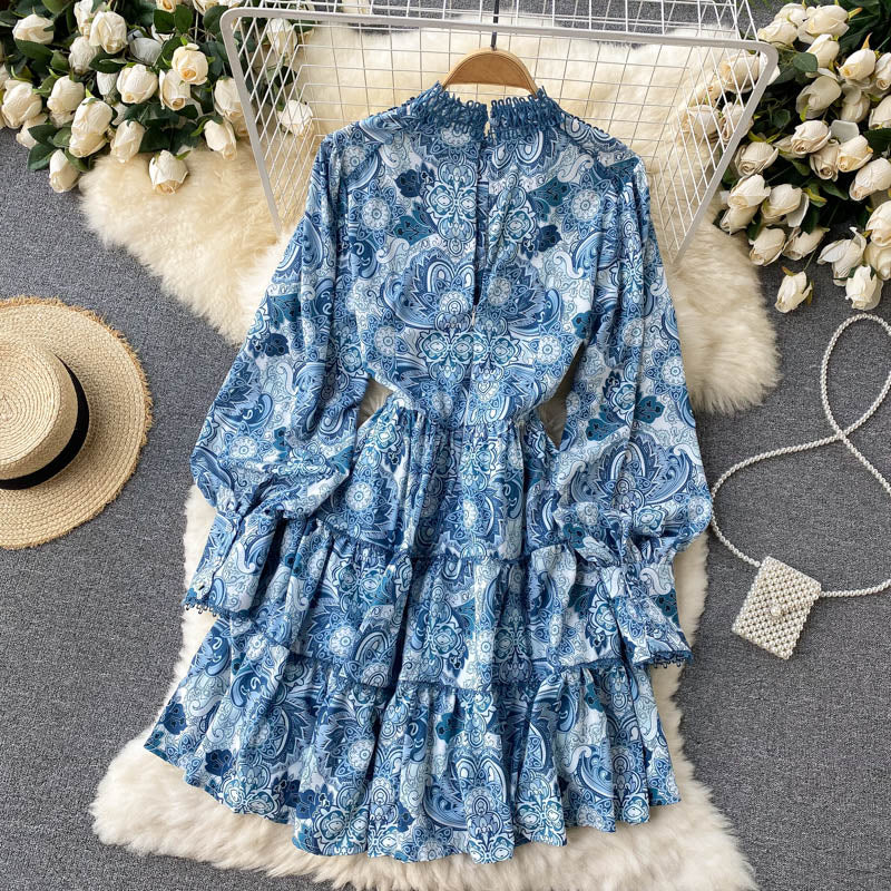 Vintage A line long sleeves floral dress women's dress P102 - Image 3