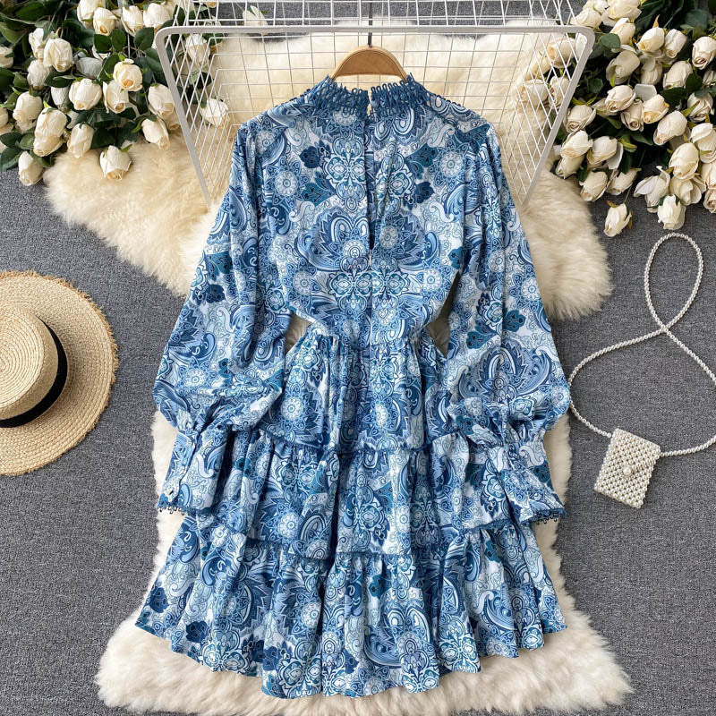 Vintage A line long sleeves floral dress women's dress P102 - Image 4