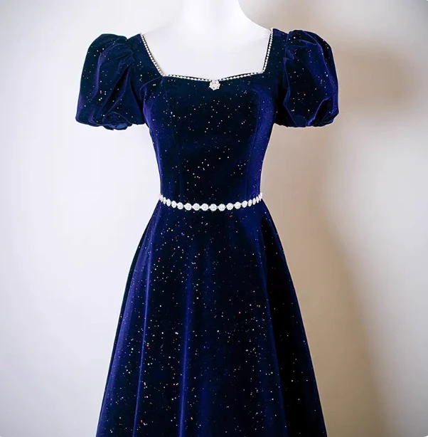 Vintage A-line Navy Blue Square Neck Short Sleeve Glitter Satin Long Prom Dress Evening Dress P4609 - Image 2