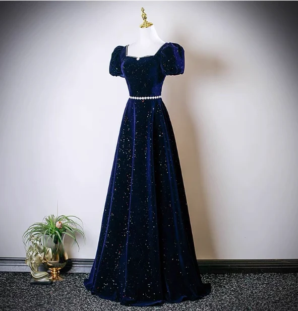 Vintage A-line Navy Blue Square Neck Short Sleeve Glitter Satin Long Prom Dress Evening Dress P4609 - Image 3