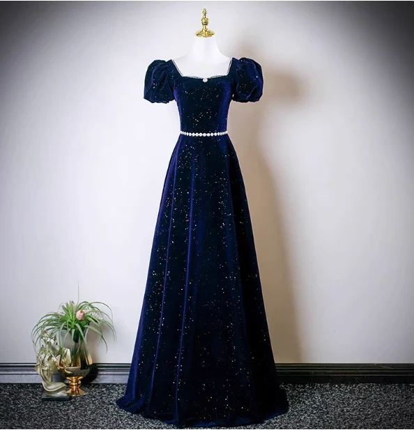 Vintage A-line Navy Blue Square Neck Short Sleeve Glitter Satin Long Prom Dress Evening Dress P4609 - Image 4