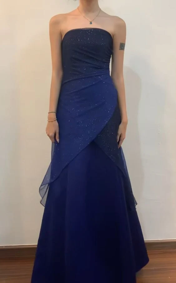 Vintage A line Strapless Navy Blue Long Prom Dress P1437 - Image 2