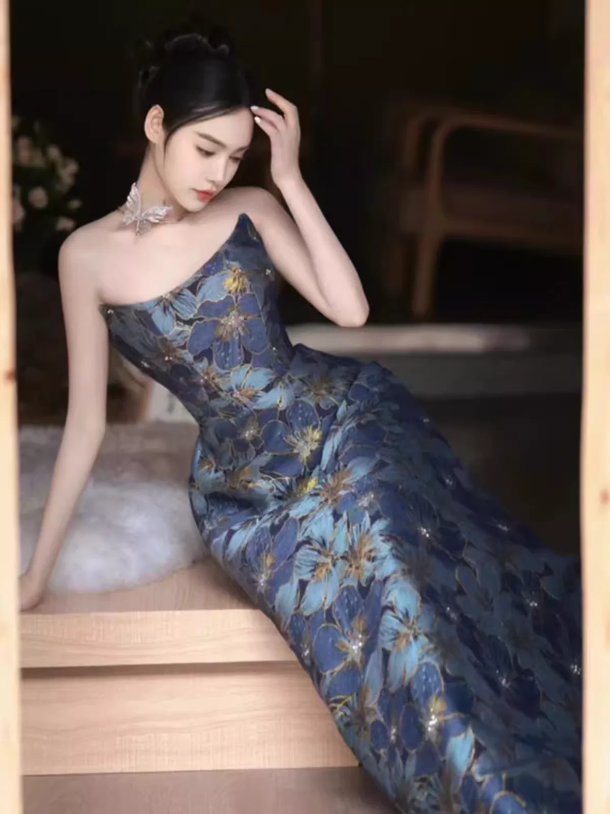Vintage A line Strapless Party Dresses Long Blue Prom Dresses P943 - Image 2