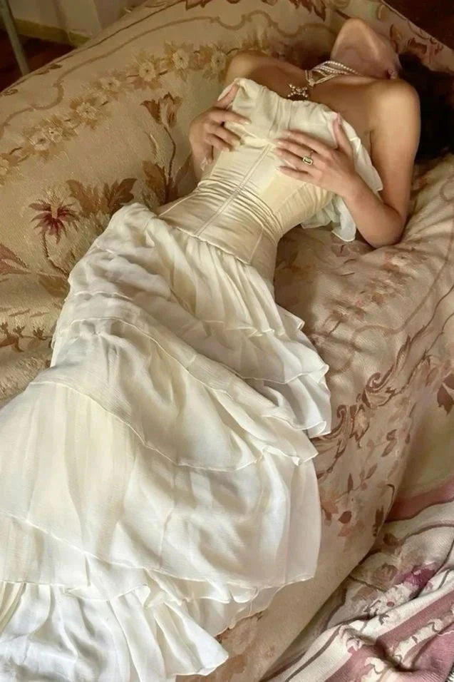 Vintage A line Strapless White Chiffon Long Prom Dresses P1771 - Image 8
