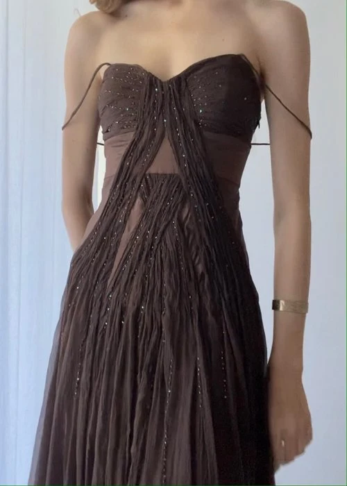 Vintage A Line Straps Floor Length Brown Prom Dresses P1482 - Image 5