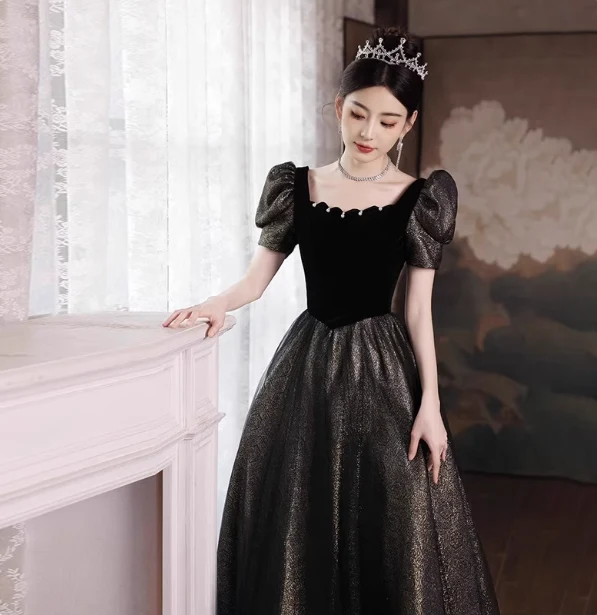 Vintage Black & Gold A-line Square Neck Puff Sleeve Velvet Gold Shimmer Tulle Long Prom Dress Evening Dress P4469 - Image 4