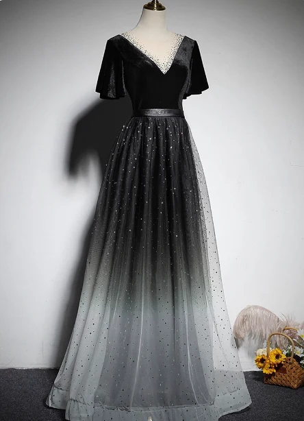 Vintage Black-Gray Gradient A-line V-neck Velvet Tulle Long Prom Dress Evening Dress P4573 - Image 2