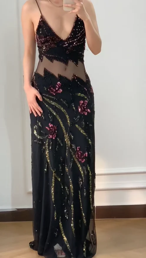 Vintage Black Mermaid Beaded Sequined Floral Cutout Tulle Long Prom Dress Evening Dress P4230 - Image 3