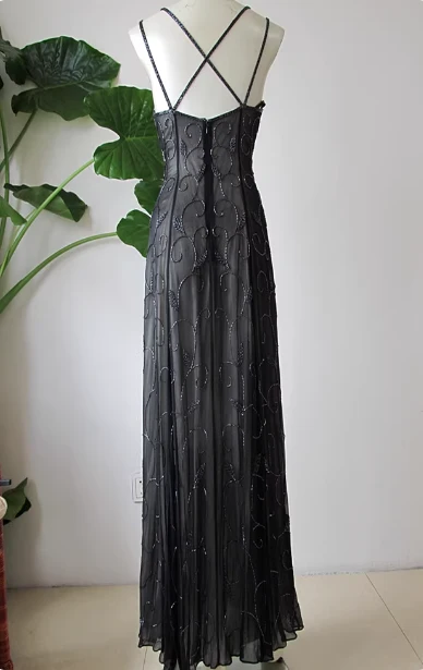 Vintage Black Spaghetti Strap Square Neck Cross-Back Beaded Chiffon Long Prom Dress Evening Dress P4715 - Image 2