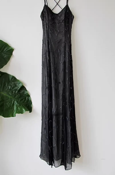 Vintage Black Spaghetti Strap Square Neck Cross-Back Beaded Chiffon Long Prom Dress Evening Dress P4715 - Image 3