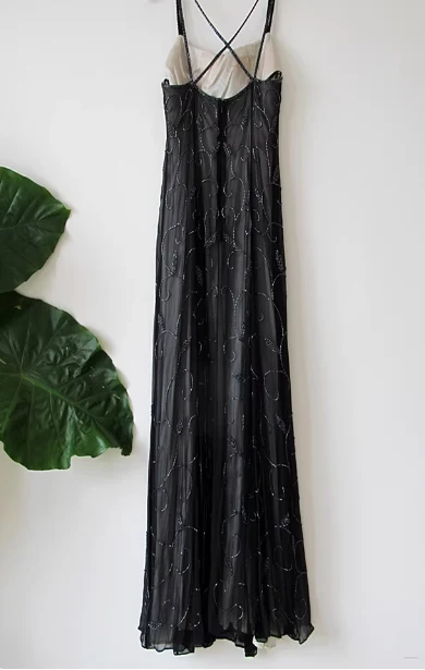 Vintage Black Spaghetti Strap Square Neck Cross-Back Beaded Chiffon Long Prom Dress Evening Dress P4715 - Image 4