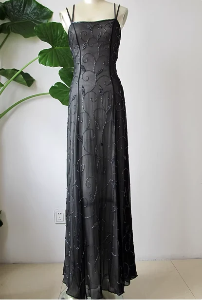 Vintage Black Spaghetti Strap Square Neck Cross-Back Beaded Chiffon Long Prom Dress Evening Dress P4715 - Image 5