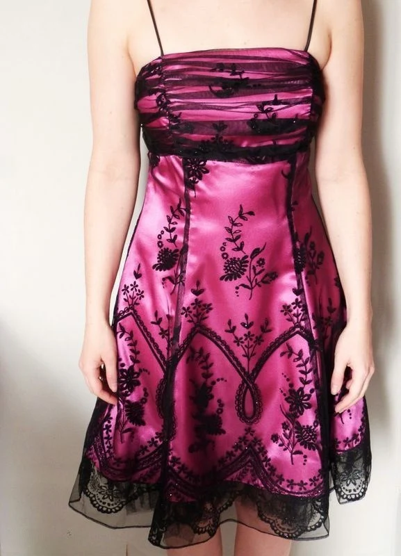 Vintage Black Tulle Lace Pink Satin A-line Birthday Short Skirt Homecoming Dress P3812 - Image 2