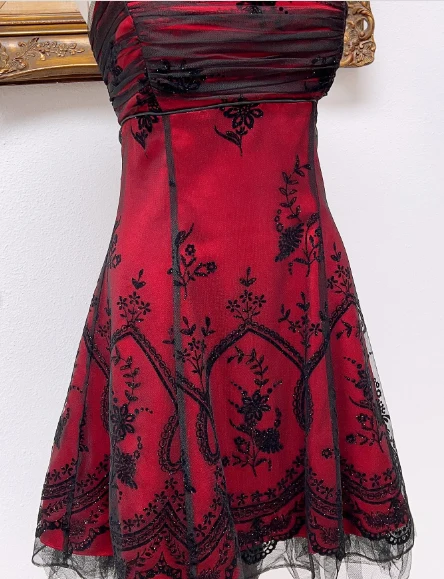 Vintage Black Tulle Lace Pink Satin A-line Birthday Short Skirt Homecoming Dress P3812 - Image 9