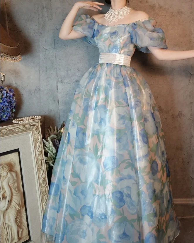 Vintage Blue Floral A-line Square Neck Puff Sleeve Glossy Organza Long Prom Dress Evening Dress P4313 - Image 5