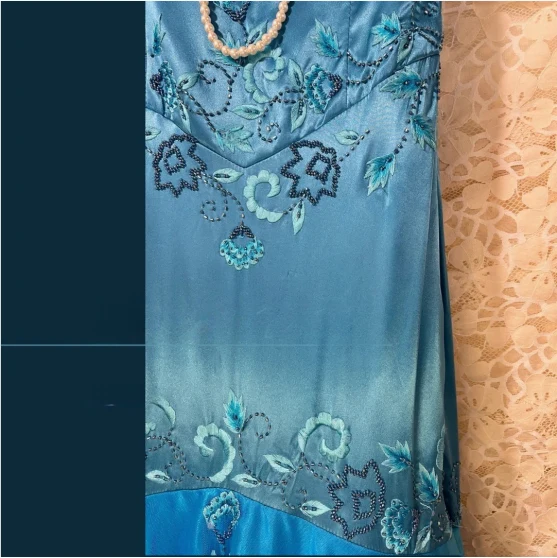 Vintage Blue Satin Beaded Embroidery V-Neck Mermaid Prom Dress P3765 - Image 2