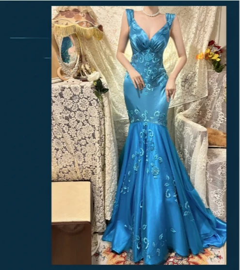 Vintage Blue Satin Beaded Embroidery V-Neck Mermaid Prom Dress P3765 - Image 4