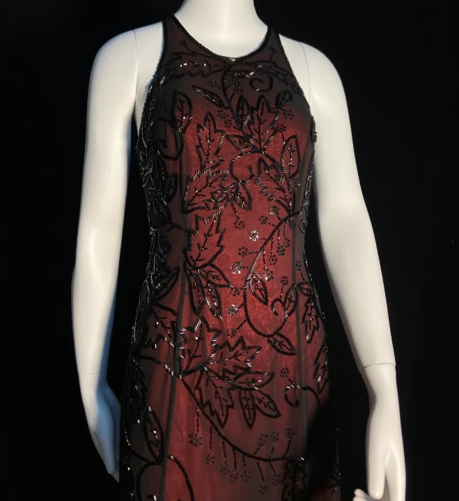 Vintage Burgundy Halter Neck Slim Fit Black Bead Leaf Pattern Tulle Long Prom Dress Evening Dress P4789 - Image 5