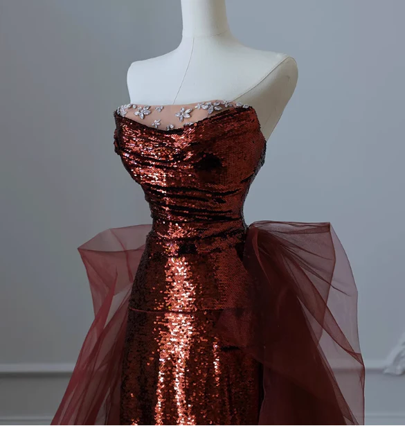 Vintage Burgundy Mermaid Strapless Tulle Sequined Train Prom Dress Evening Dress P4459 - Image 2