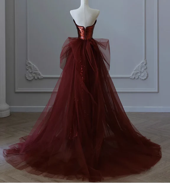 Vintage Burgundy Mermaid Strapless Tulle Sequined Train Prom Dress Evening Dress P4459 - Image 3