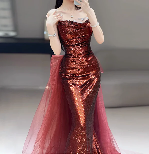 Vintage Burgundy Mermaid Strapless Tulle Sequined Train Prom Dress Evening Dress P4459 - Image 4