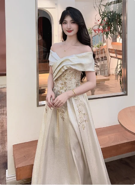 Vintage Champagne Gold Off-the-Shoulder Embroidered  Satin Long Prom Dress Evening Dress P4361 - Image 3