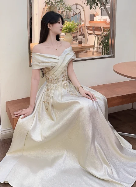 Vintage Champagne Gold Off-the-Shoulder Embroidered  Satin Long Prom Dress Evening Dress P4361 - Image 4