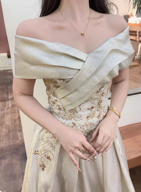 Vintage Champagne Gold Off-the-Shoulder Embroidered  Satin Long Prom Dress Evening Dress P4361 - Image 5