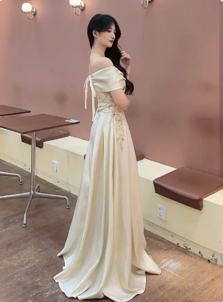 Vintage Champagne Gold Off-the-Shoulder Embroidered  Satin Long Prom Dress Evening Dress P4361 - Image 6