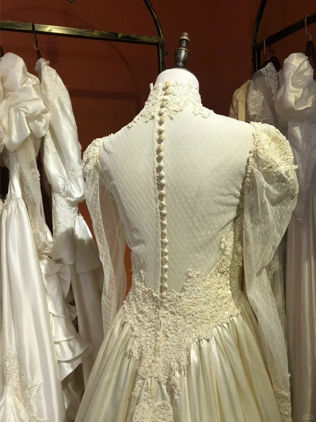 Vintage Champagne High Neck Lace Long Sleeve Buttoned Satin Floor-Length Wedding Dress P3057 - Image 2