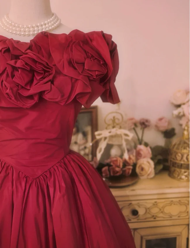 Vintage Court Red Bow Off-The-Shoulder Satin Ball Gown Evening Dress P4294 - Image 4