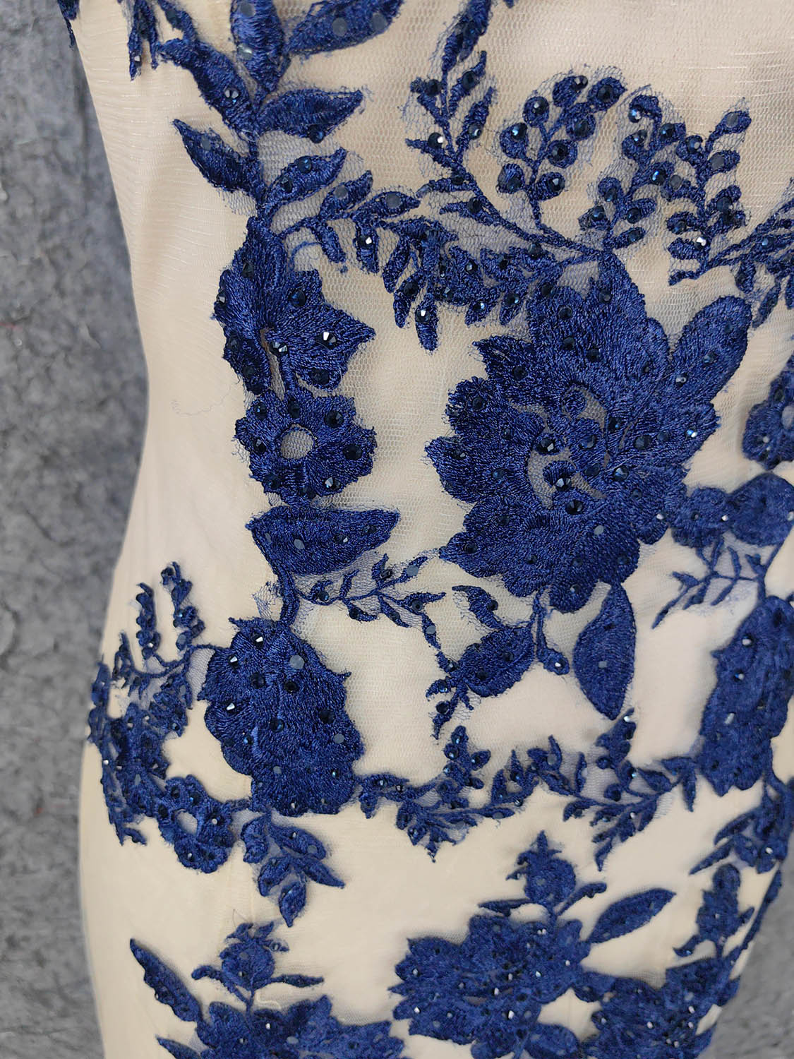 Vintage Cream Navy Mermaid Crew Neck Sleeveless Embroidered Tulle Long Prom Dress Evening Dress P4668 - Image 3