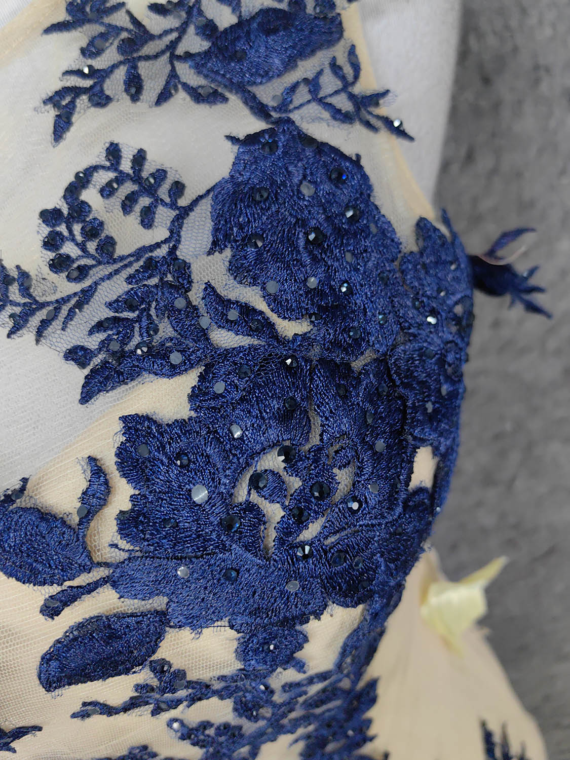 Vintage Cream Navy Mermaid Crew Neck Sleeveless Embroidered Tulle Long Prom Dress Evening Dress P4668 - Image 4