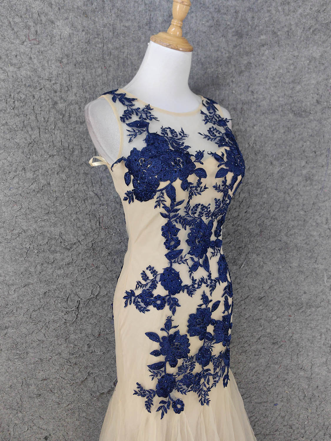 Vintage Cream Navy Mermaid Crew Neck Sleeveless Embroidered Tulle Long Prom Dress Evening Dress P4668 - Image 5