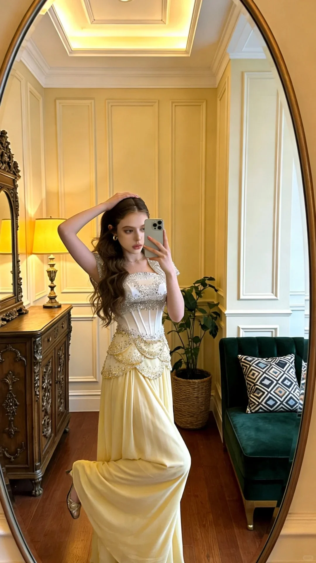 Vintage Cream Yellow Square Neck A-Line Beaded Boned Waist Chiffon Long Prom Dress Evening Dress P4907 - Image 2