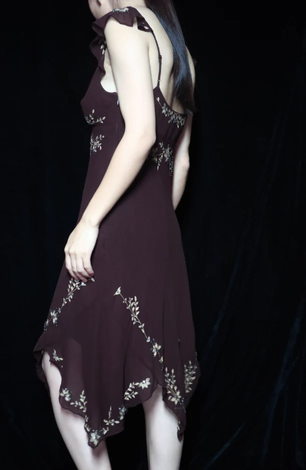 Vintage Dark Brown V-Neck Sleeveless Irregular Embroidered Sequin Chiffon Prom Dress Evening Dress P4696 - Image 2