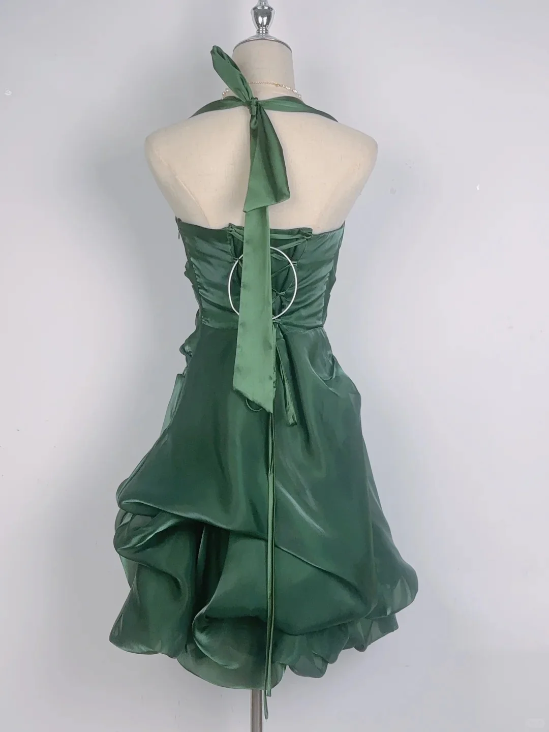 Vintage Dark Green Halter Neck Floral Mini Homecoming Dress P3359 - Image 4