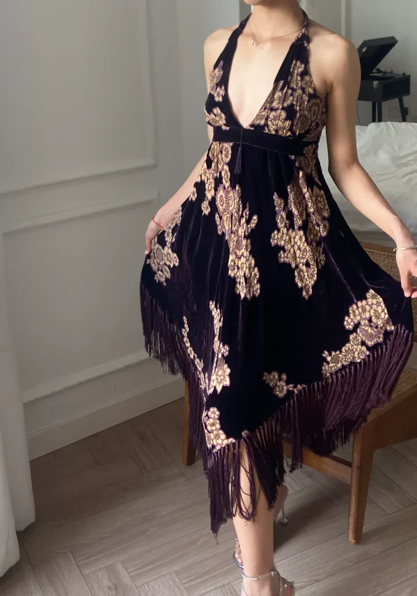 Vintage Dark Purple Halter Neck Tassel Velvet Prom Dress Evening Dress P4791