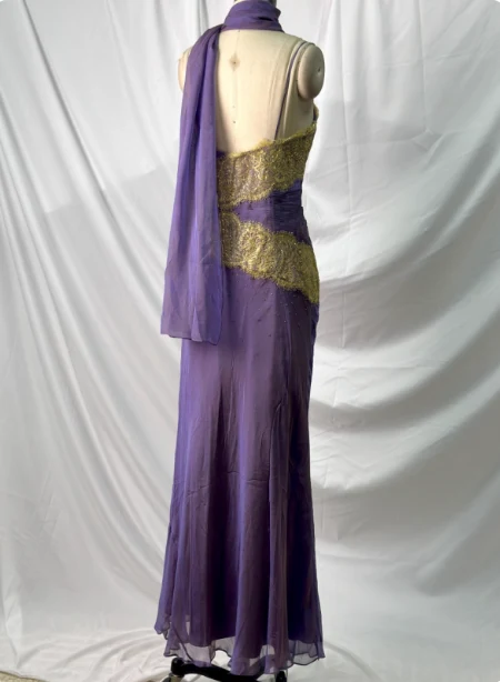 Vintage Deep Purple Gold Lace Thin Strap V-Neck Chiffon Long Prom Dress Evening Dress P4389 - Image 2