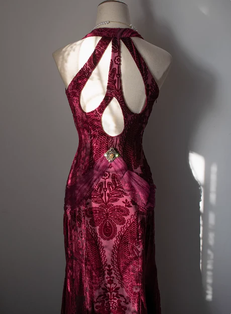 Vintage Deep V Neck Burgundy Velvet Long Prom Dress P3477 - Image 3