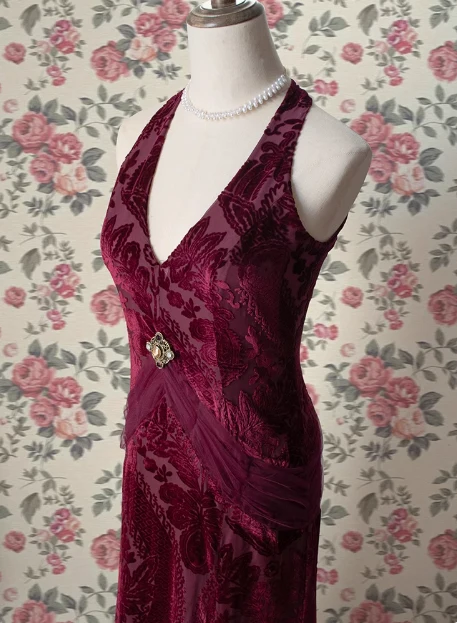 Vintage Deep V Neck Burgundy Velvet Long Prom Dress P3477 - Image 4