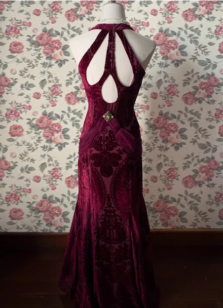 Vintage Deep V Neck Burgundy Velvet Long Prom Dress P3477 - Image 5