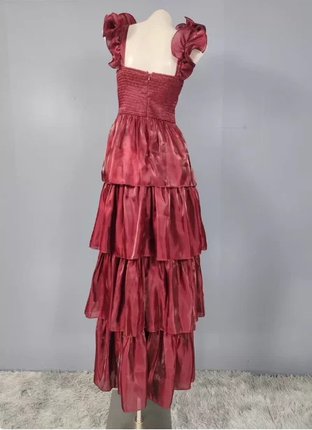 Vintage Dusty Sage A-line V-neck Satin Tiered Long Prom Dress Evening Dress P4501 - Image 5