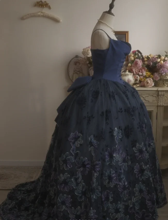 Vintage Elegant Navy Blue Bow Embroidered Train Tulle Ball Gown Evening Dress Sweet 16 Dress P4296 - Image 5