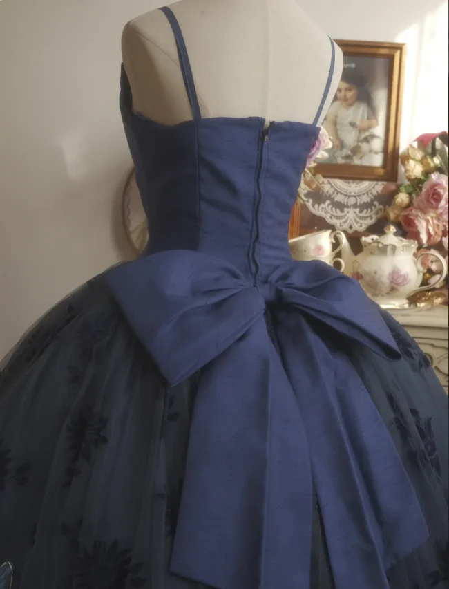 Vintage Elegant Navy Blue Bow Embroidered Train Tulle Ball Gown Evening Dress Sweet 16 Dress P4296 - Image 7
