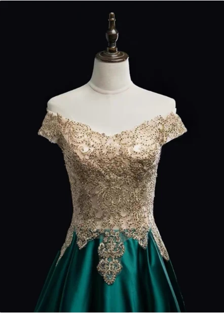 Vintage Emerald Green A-line Off-the-shoulder Lace Satin Long Prom Dress Evening Dress P4587 - Image 3