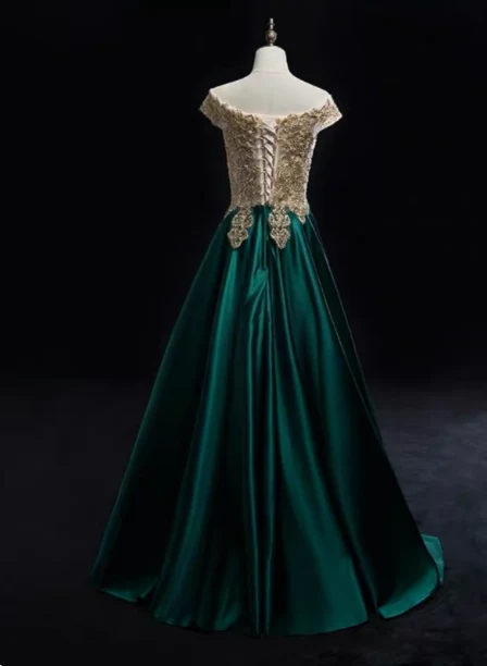 Vintage Emerald Green A-line Off-the-shoulder Lace Satin Long Prom Dress Evening Dress P4587 - Image 4